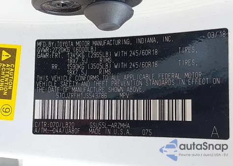 2018 Toyota Highlander Xle из США, поврежденный, VIN 5TDJZRFH1JS543786